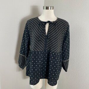 Pure Jill Elements Womens Large Cotton Peasant Top Shirt Front Neck Tie